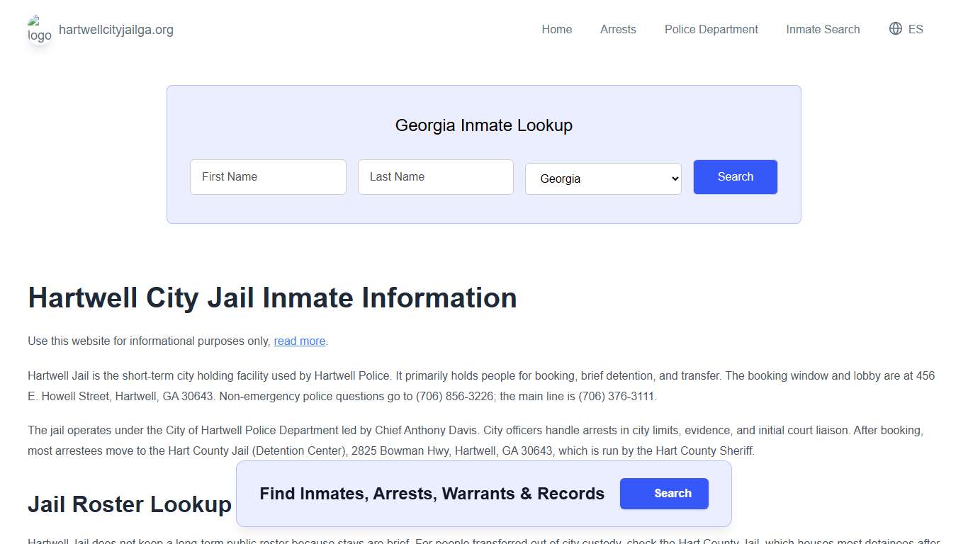 Hartwell Jail, GA Inmate Roster, Municipal Jail Info
